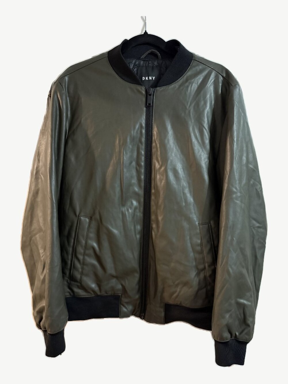 DKNY Faux Leather Bomber Jacket M Olive Green Quilted Lining Full Zip